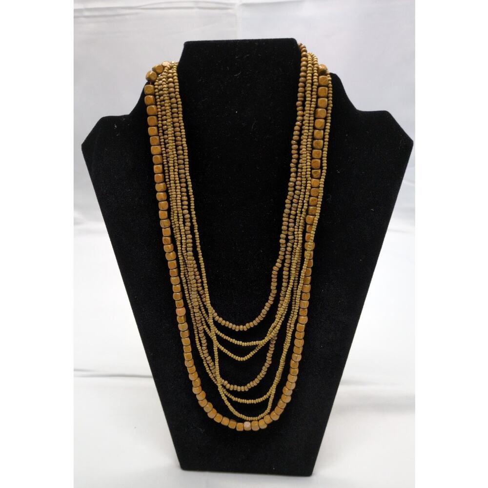 5 Strand Brown Wooden Beaded Necklace 18in Gold Tone Clasp Vintage Jewelry